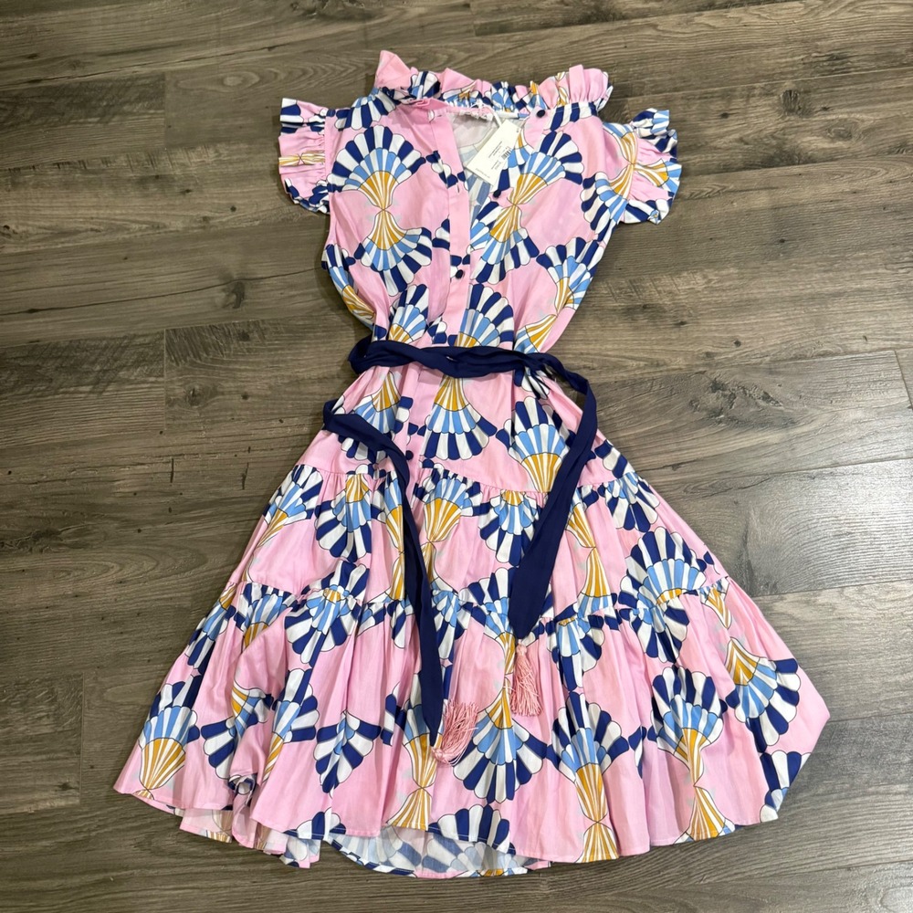 New Paolita Zephyr Short Ruffle Dress Pink Shell Print Women Large NWT